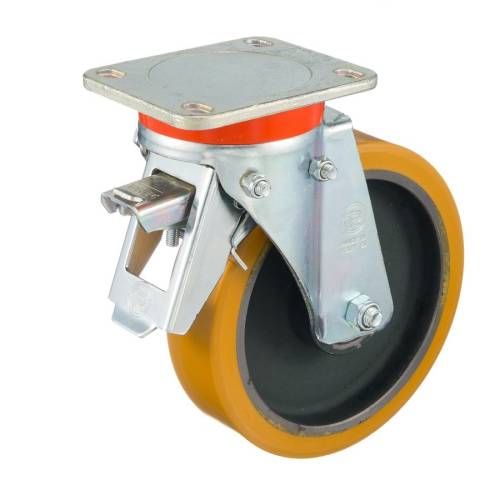 Колесо большегрузное Tellure Rota 646656 поворотное с задним тормозом, диаметр 200мм, грузоподъемность 1000кг, полиуретан TR, чугун
