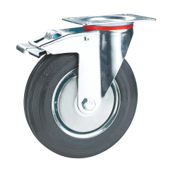 Промышленное колесо поворотное с тормозом серая резина Д-200 мм.