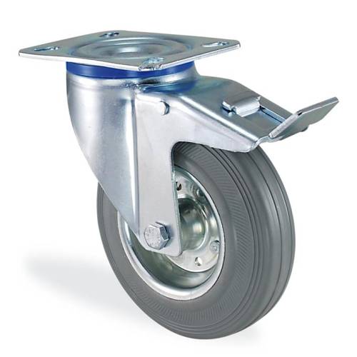 Промышленное колесо поворотное с тормозом серая резина Д-160 мм.