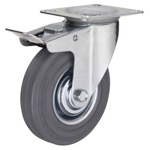Промышленное колесо поворотное с тормозом серая резина Д-100 мм.